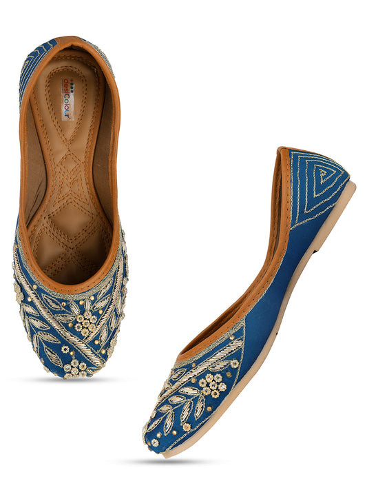 DESI COLOUR Women Teal Printed Leather Ethnic Ballerinas