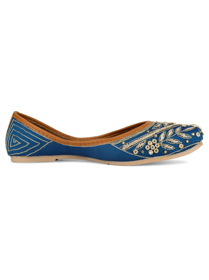 DESI COLOUR Women Teal Printed Leather Ethnic Ballerinas