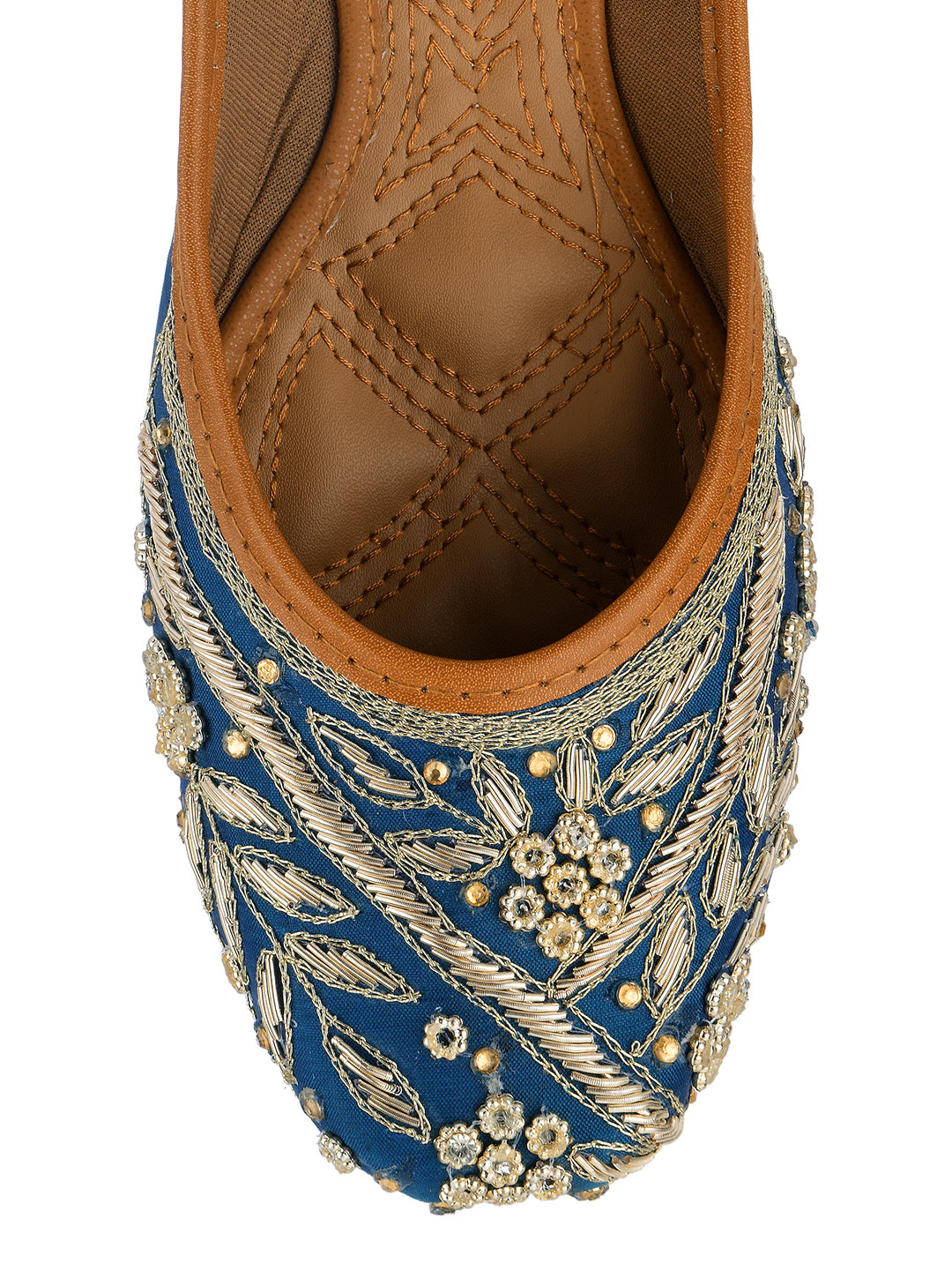 DESI COLOUR Women Teal Printed Leather Ethnic Ballerinas