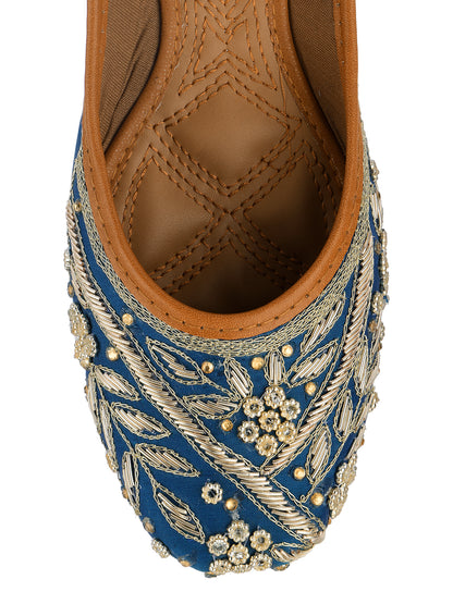 DESI COLOUR Women Teal Printed Leather Ethnic Ballerinas