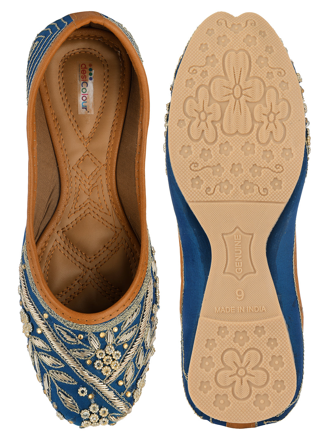 DESI COLOUR Women Teal Printed Leather Ethnic Ballerinas