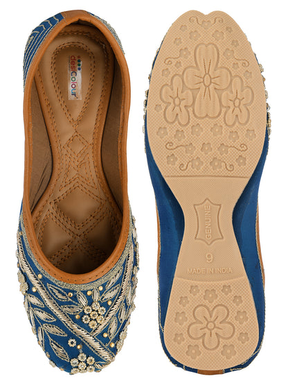 DESI COLOUR Women Teal Printed Leather Ethnic Ballerinas
