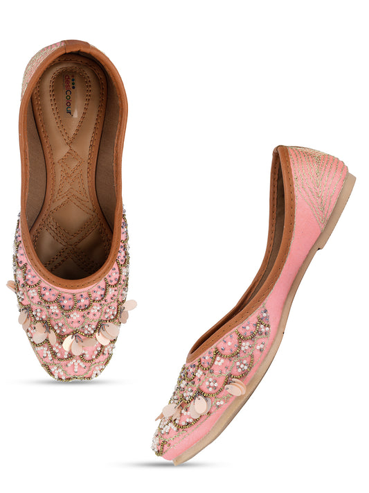 DESI COLOUR Women Pink Embellished Leather Ethnic Mojaris Flats