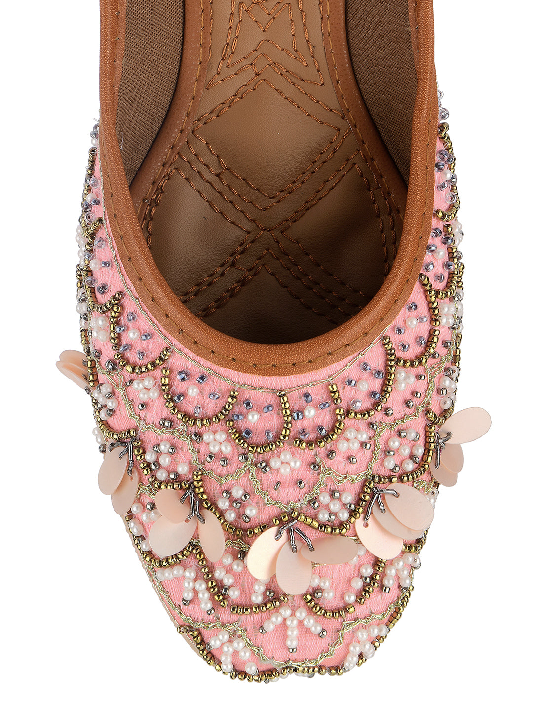 DESI COLOUR Women Pink Embellished Leather Ethnic Mojaris Flats