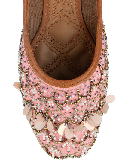 DESI COLOUR Women Pink Embellished Leather Ethnic Mojaris Flats