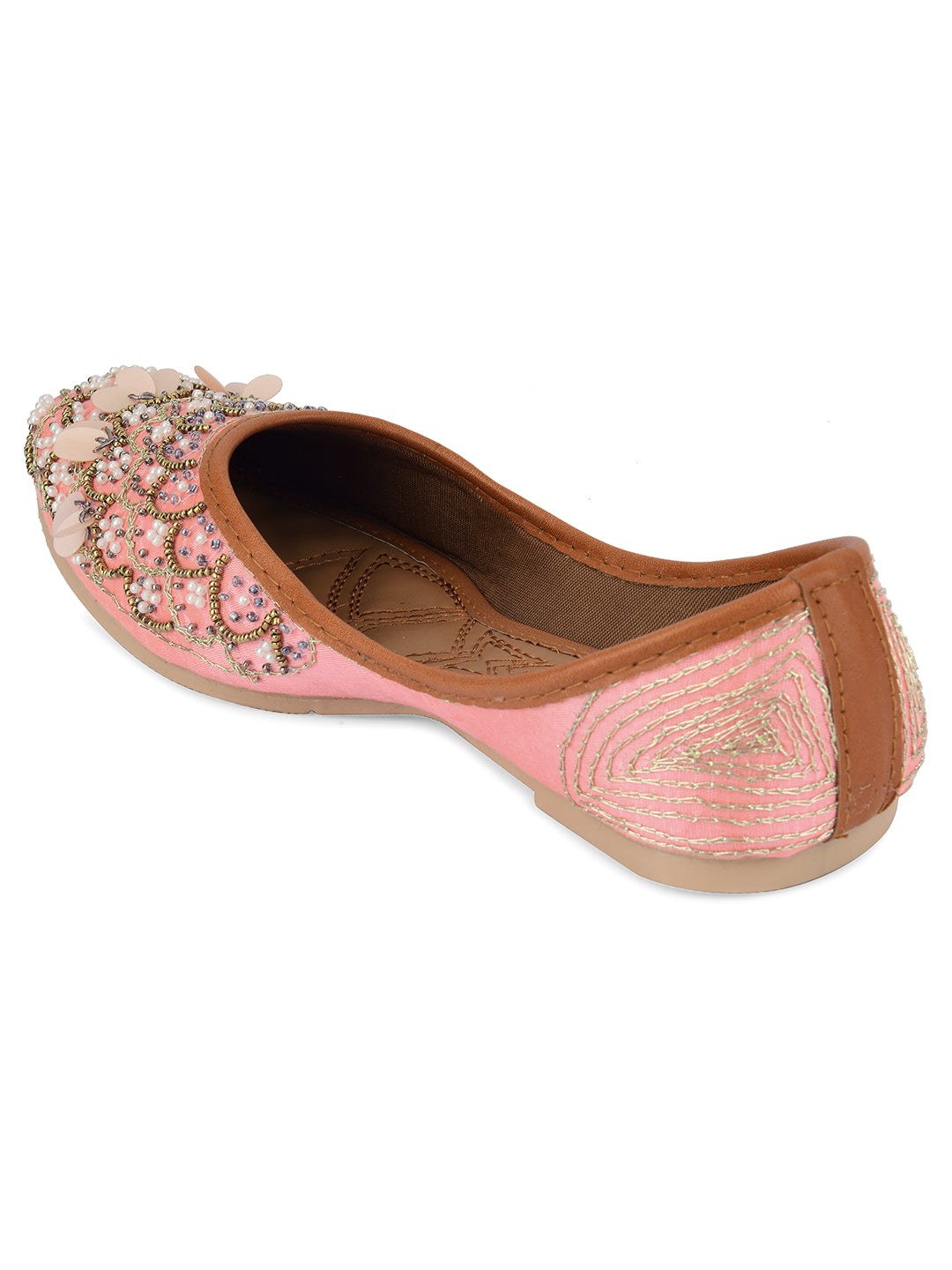DESI COLOUR Women Pink Embellished Leather Ethnic Mojaris Flats