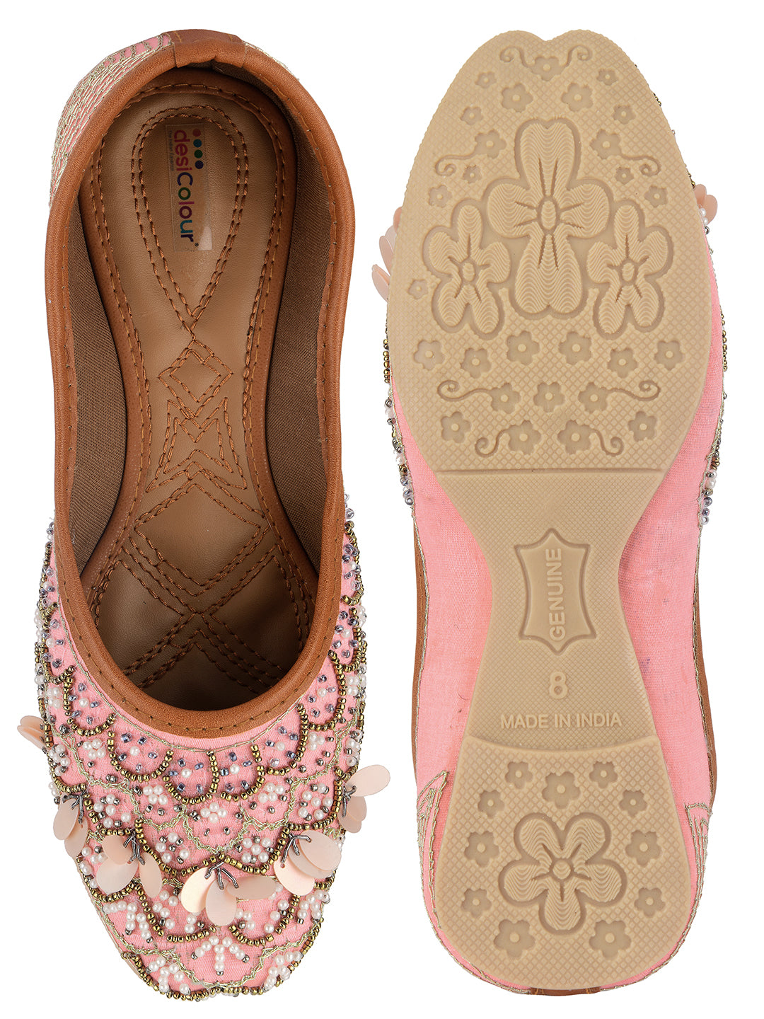 DESI COLOUR Women Pink Embellished Leather Ethnic Mojaris Flats