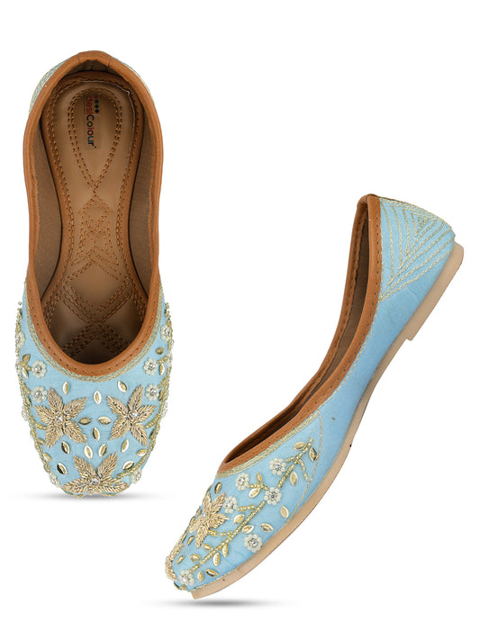 DESI COLOUR Women Blue  Gold Ethnic Embellished Handcrafted Mojaris