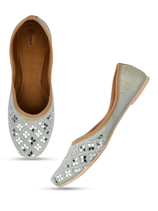 DESI COLOUR Women Grey Embellished Leather Ethnic Mojaris Flats