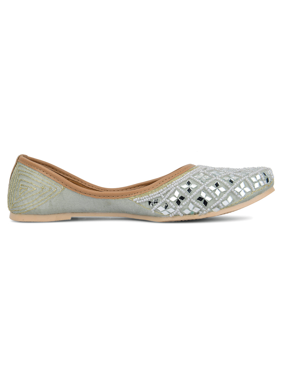 DESI COLOUR Women Grey Embellished Leather Ethnic Mojaris Flats
