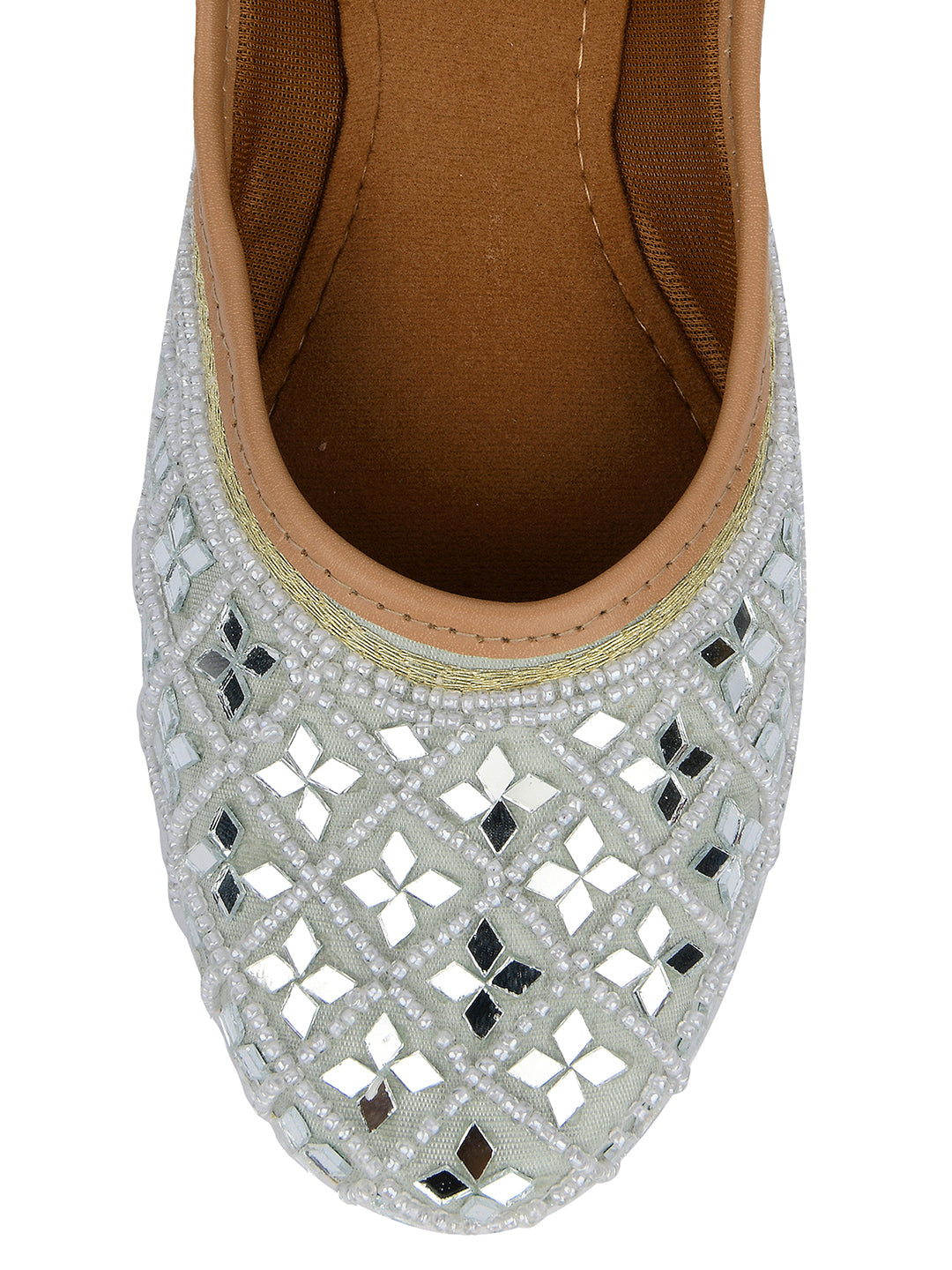 DESI COLOUR Women Grey Embellished Leather Ethnic Mojaris Flats