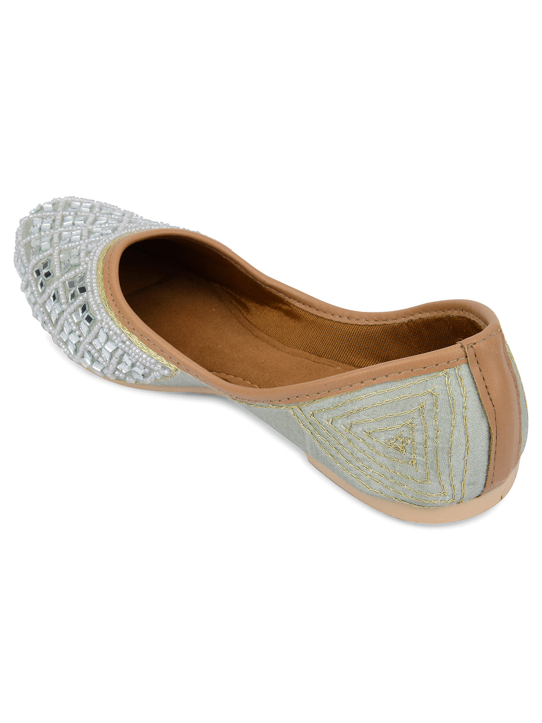 DESI COLOUR Women Grey Embellished Leather Ethnic Mojaris Flats
