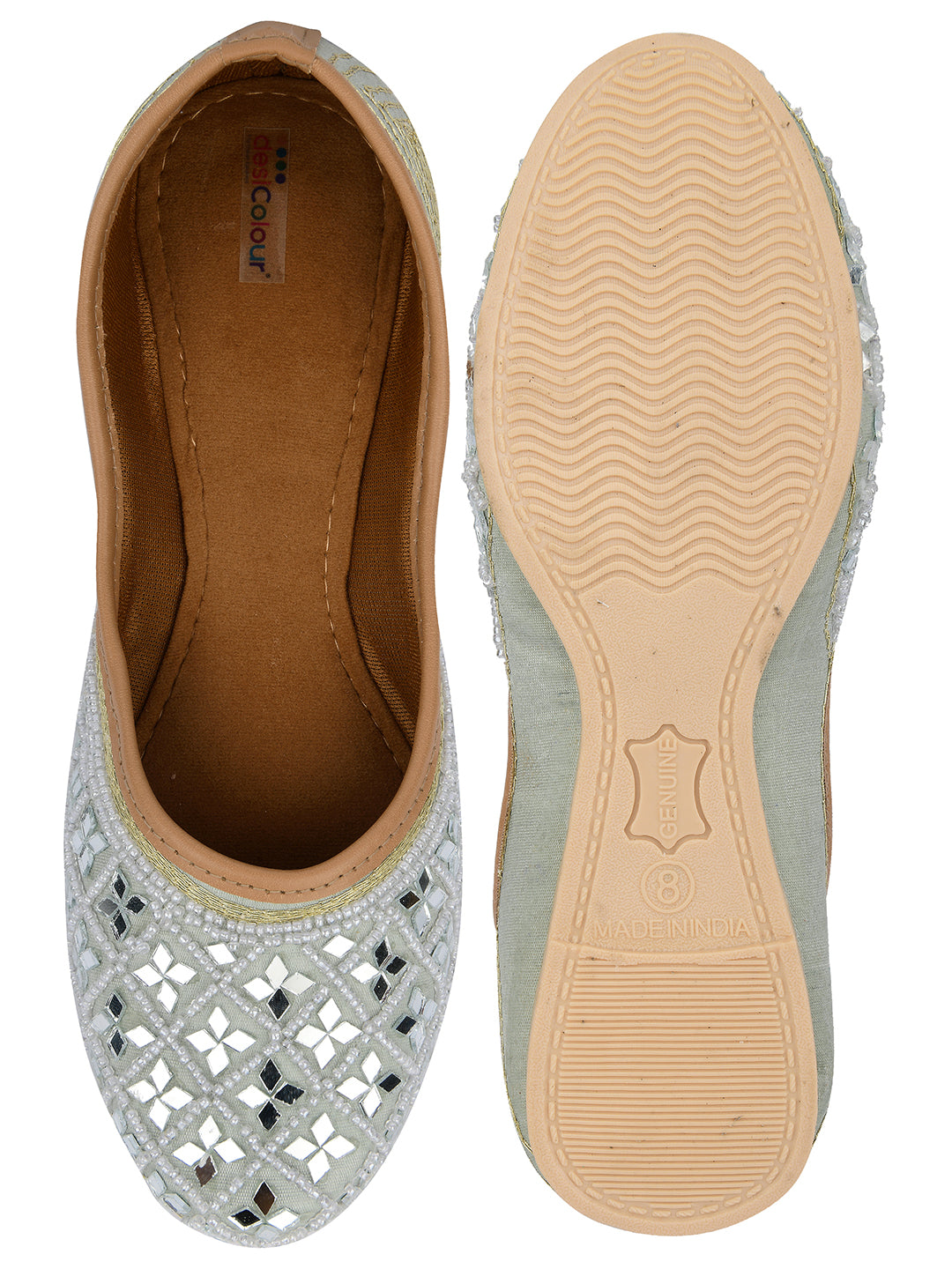 DESI COLOUR Women Grey Embellished Leather Ethnic Mojaris Flats