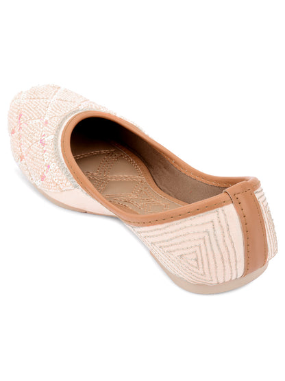 DESI COLOUR Women Peach-Coloured Embellished Leather Ethnic Mojaris Flats