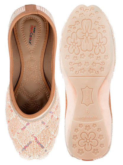 DESI COLOUR Women Peach-Coloured Embellished Leather Ethnic Mojaris Flats