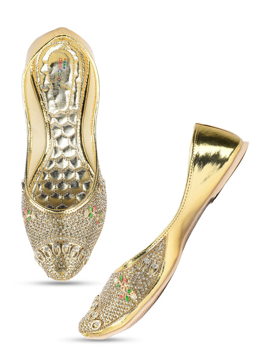 DESI COLOUR Women Gold-Toned Embellished Leather Ethnic Mojaris Flats