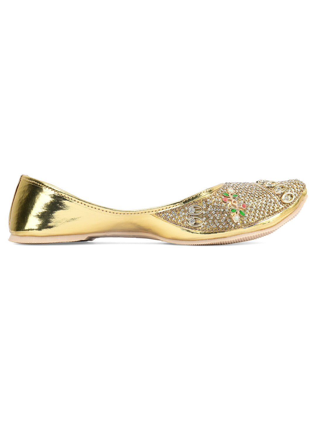 DESI COLOUR Women Gold-Toned Embellished Leather Ethnic Mojaris Flats
