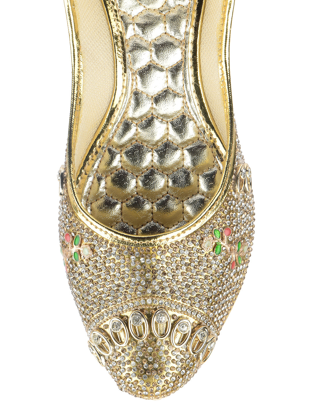 DESI COLOUR Women Gold-Toned Embellished Leather Ethnic Mojaris Flats