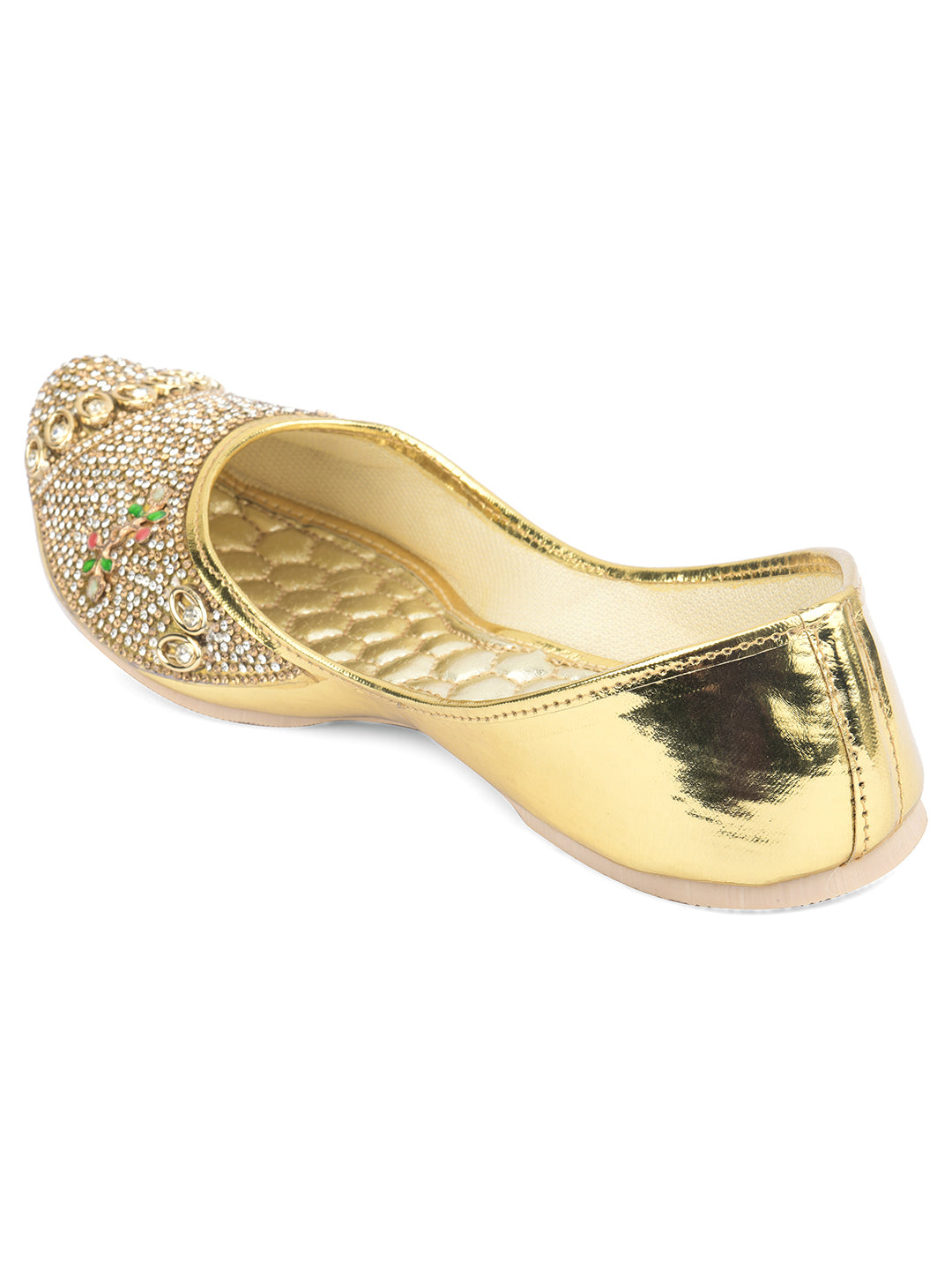 DESI COLOUR Women Gold-Toned Embellished Leather Ethnic Mojaris Flats