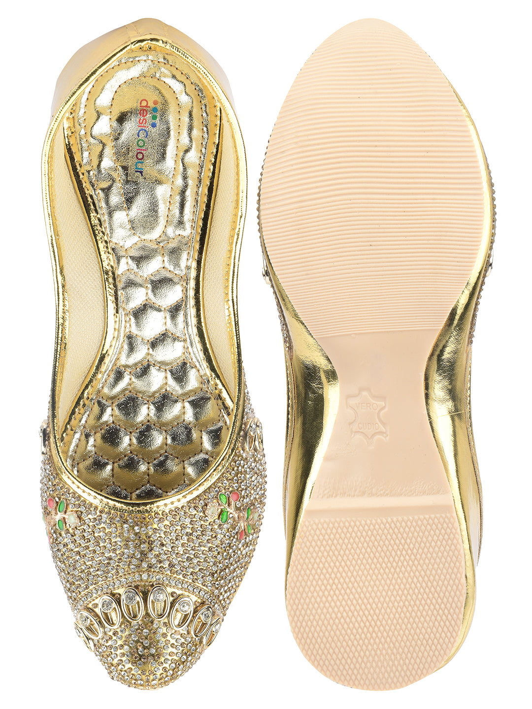 DESI COLOUR Women Gold-Toned Embellished Leather Ethnic Mojaris Flats