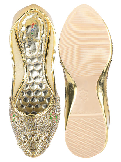 DESI COLOUR Women Gold-Toned Embellished Leather Ethnic Mojaris Flats
