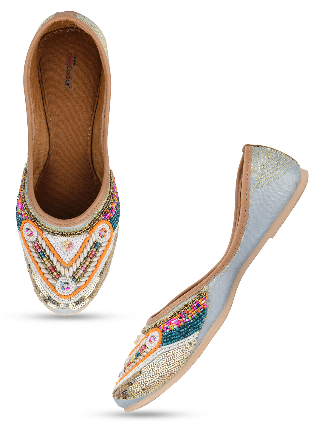 DESI COLOUR Women Grey Embellished Ethnic Mojaris Flats