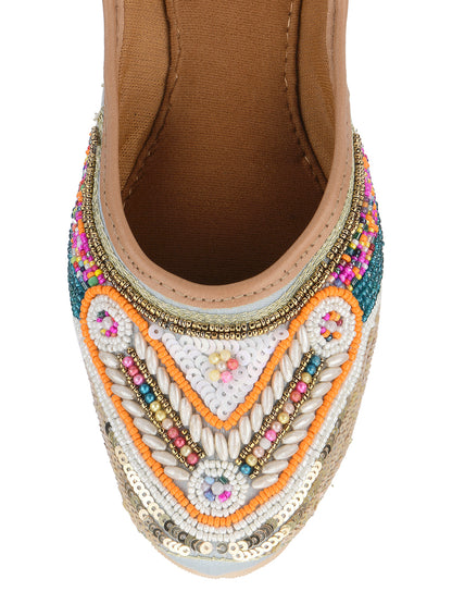 DESI COLOUR Women Grey Embellished Ethnic Mojaris Flats