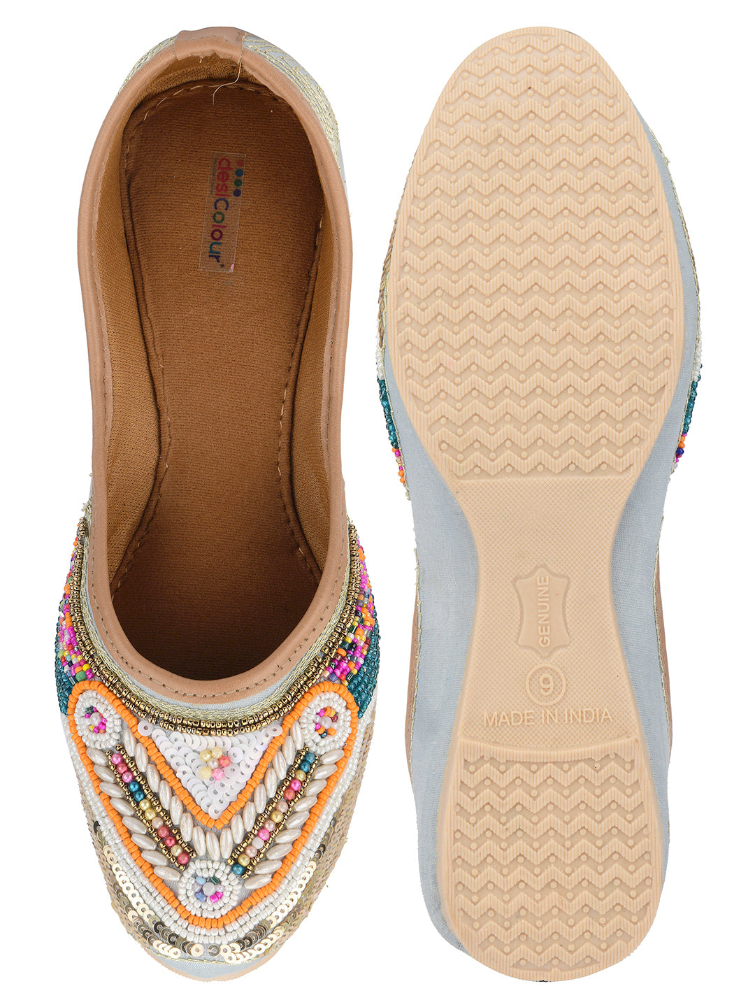 DESI COLOUR Women Grey Embellished Ethnic Mojaris Flats