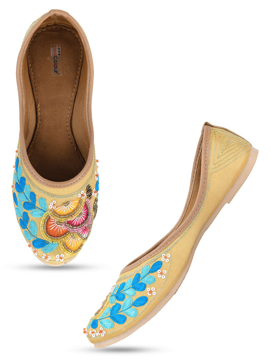 DESI COLOUR Women Beige Embellished Ethnic Mojaris Flats