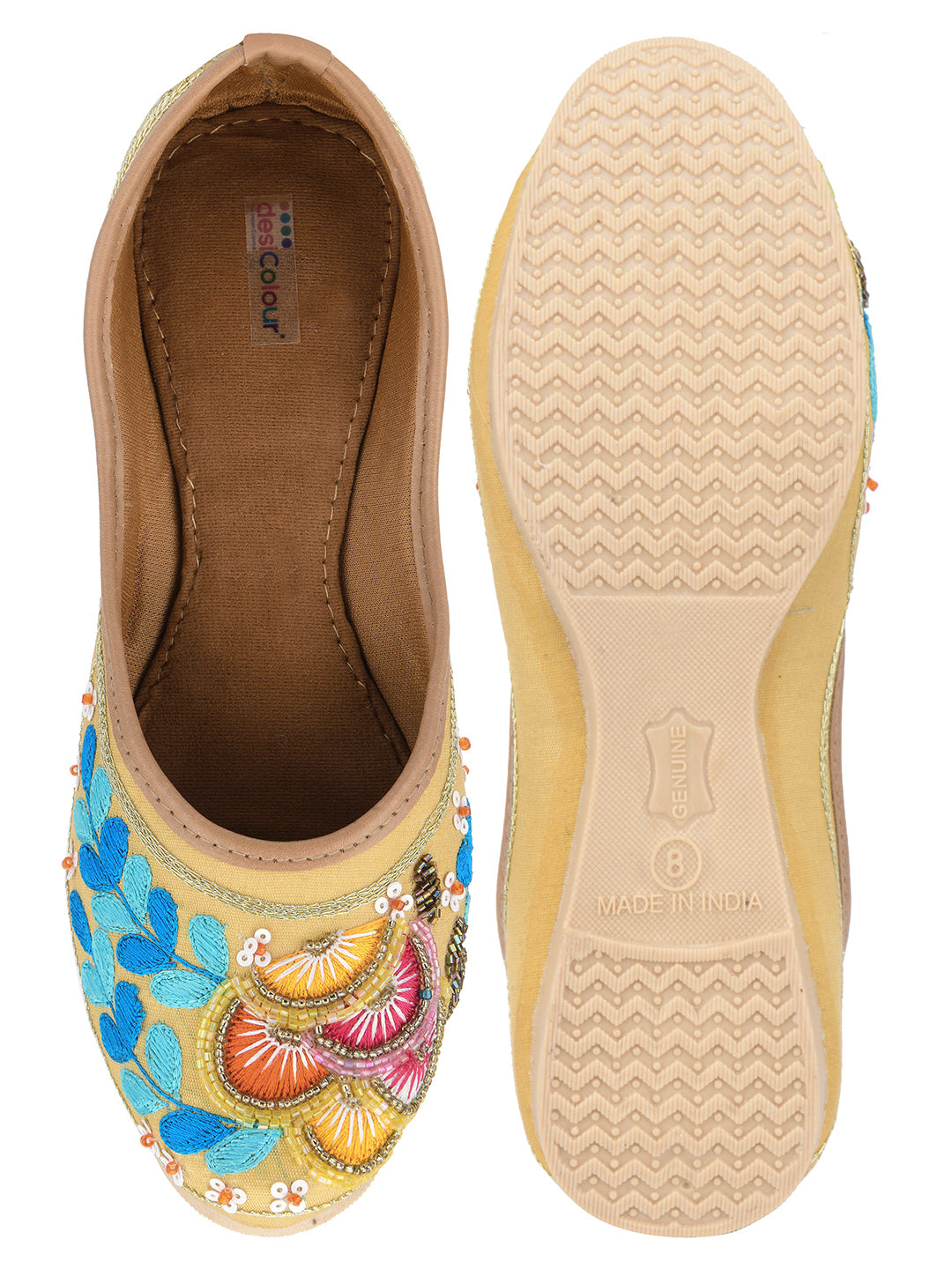 DESI COLOUR Women Beige Embellished Ethnic Mojaris Flats