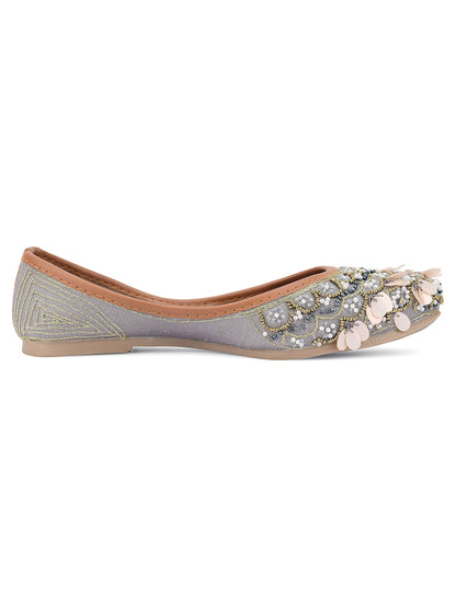 DESI COLOUR Women Grey Embellished Leather Ethnic Mojaris