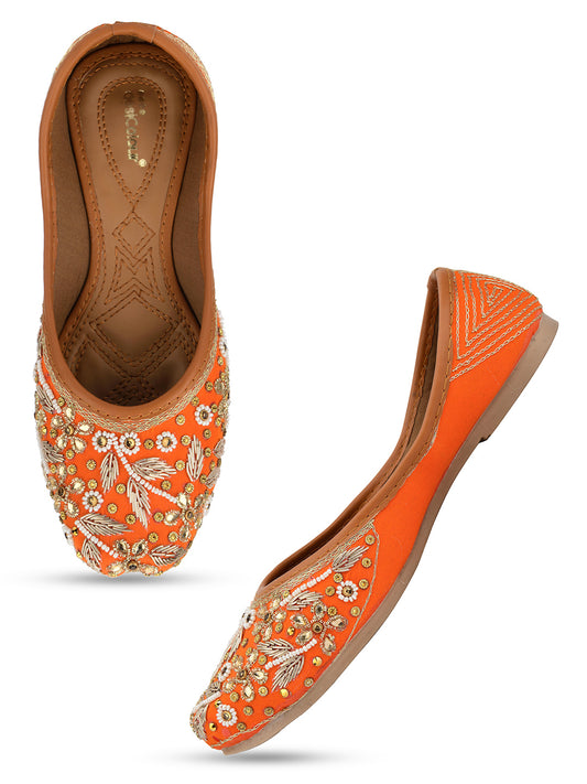 DESI COLOUR Women Orange Embellished Ethnic Mojaris Flats