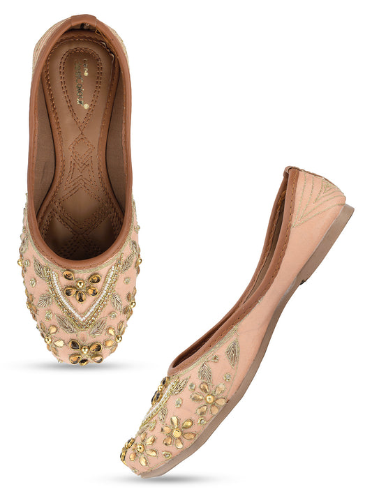 DESI COLOUR Women Peach Embellished Ethnic Mojaris Flats