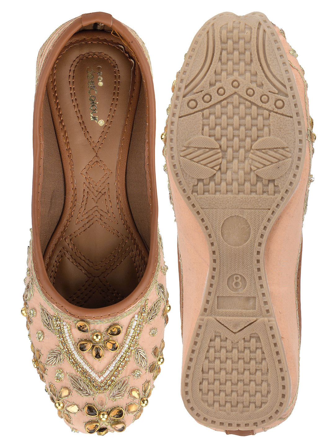 DESI COLOUR Women Peach Embellished Ethnic Mojaris Flats