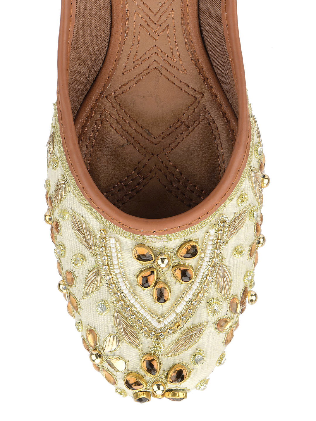 DESI COLOUR Women Off White Embellished Ethnic Mojaris Flats