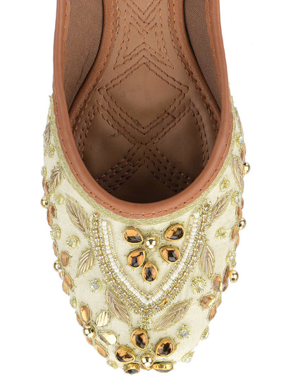 DESI COLOUR Women Off White Embellished Ethnic Mojaris Flats