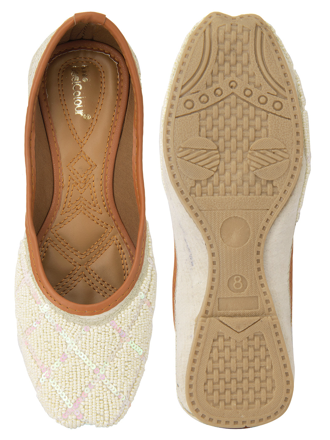 DESI COLOUR Women White Printed Leather Ethnic Mojaris Flats