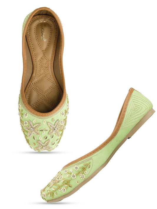 DESI COLOUR Women Sea Green Ethnic Embellished Leather Floral Mojaris Flats