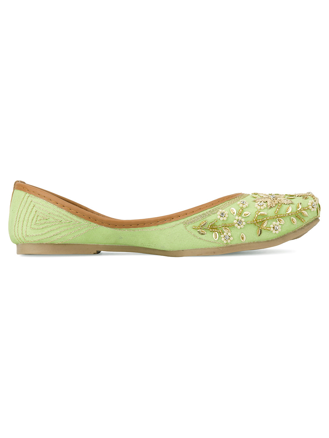 DESI COLOUR Women Sea Green Ethnic Embellished Leather Floral Mojaris Flats