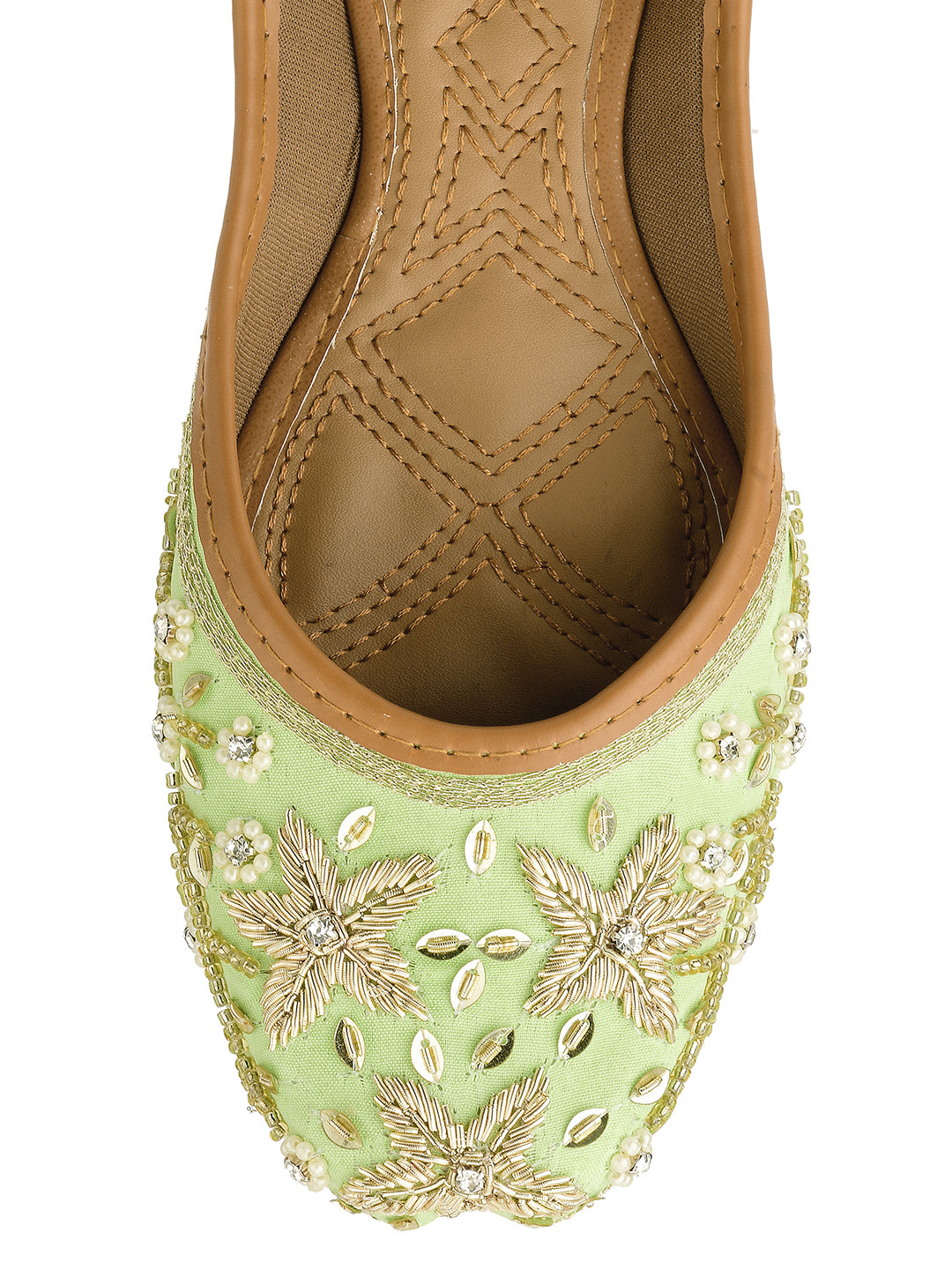 DESI COLOUR Women Sea Green Ethnic Embellished Leather Floral Mojaris Flats