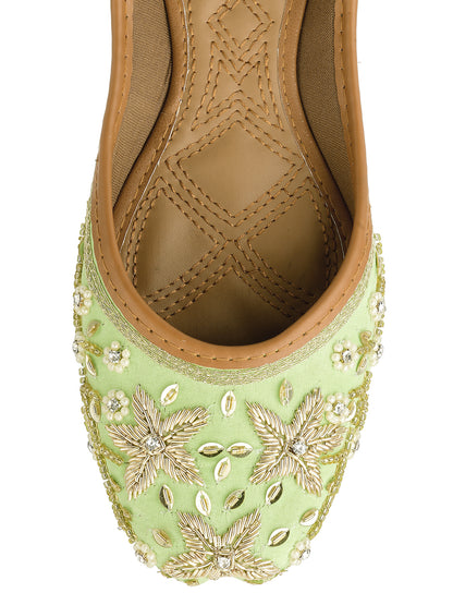 DESI COLOUR Women Sea Green Ethnic Embellished Leather Floral Mojaris Flats
