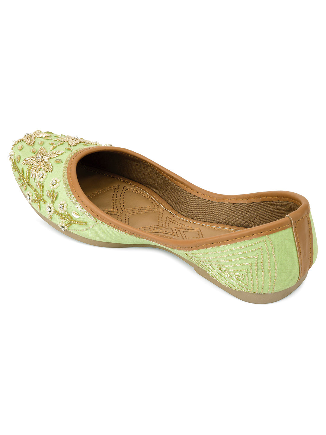 DESI COLOUR Women Sea Green Ethnic Embellished Leather Floral Mojaris Flats