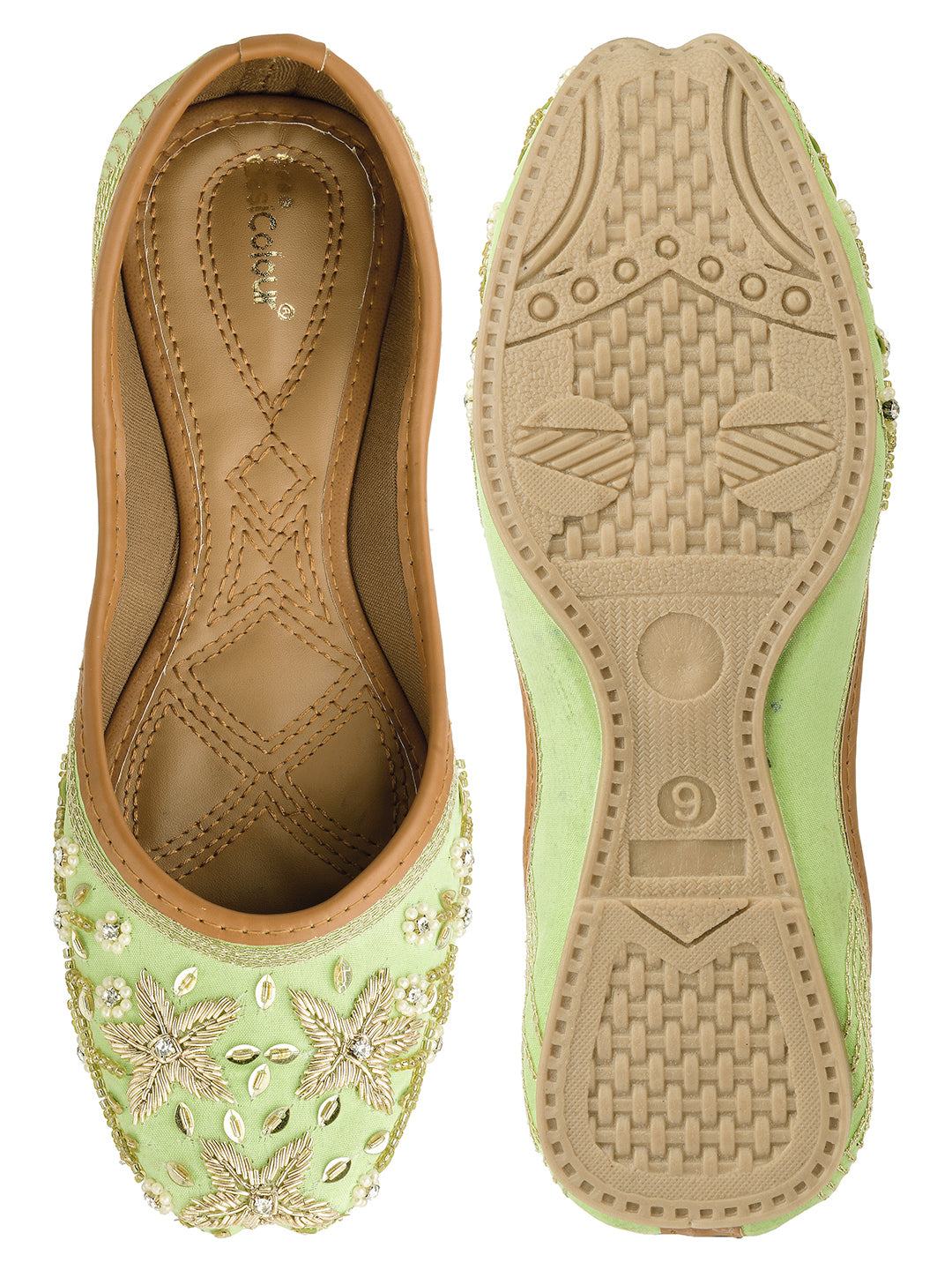 DESI COLOUR Women Sea Green Ethnic Embellished Leather Floral Mojaris Flats