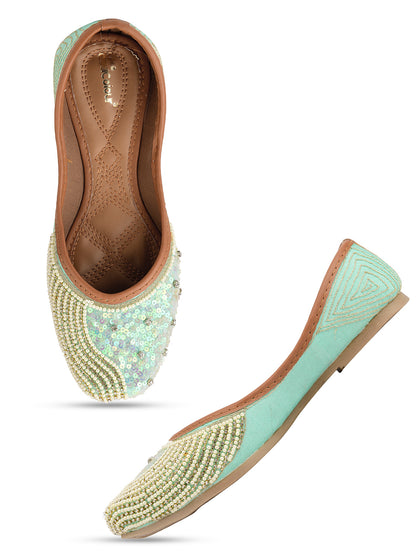 DESI COLOUR Women Sea Green Embellished Ethnic Mojaris Flats