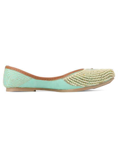 DESI COLOUR Women Sea Green Embellished Ethnic Mojaris Flats