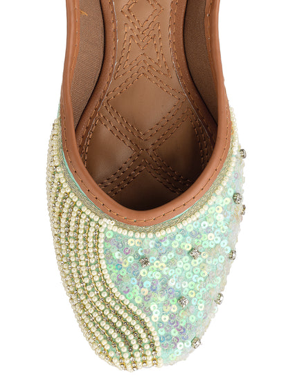 DESI COLOUR Women Sea Green Embellished Ethnic Mojaris Flats
