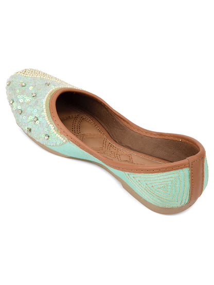 DESI COLOUR Women Sea Green Embellished Ethnic Mojaris Flats