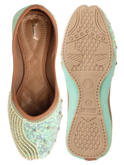 DESI COLOUR Women Sea Green Embellished Ethnic Mojaris Flats
