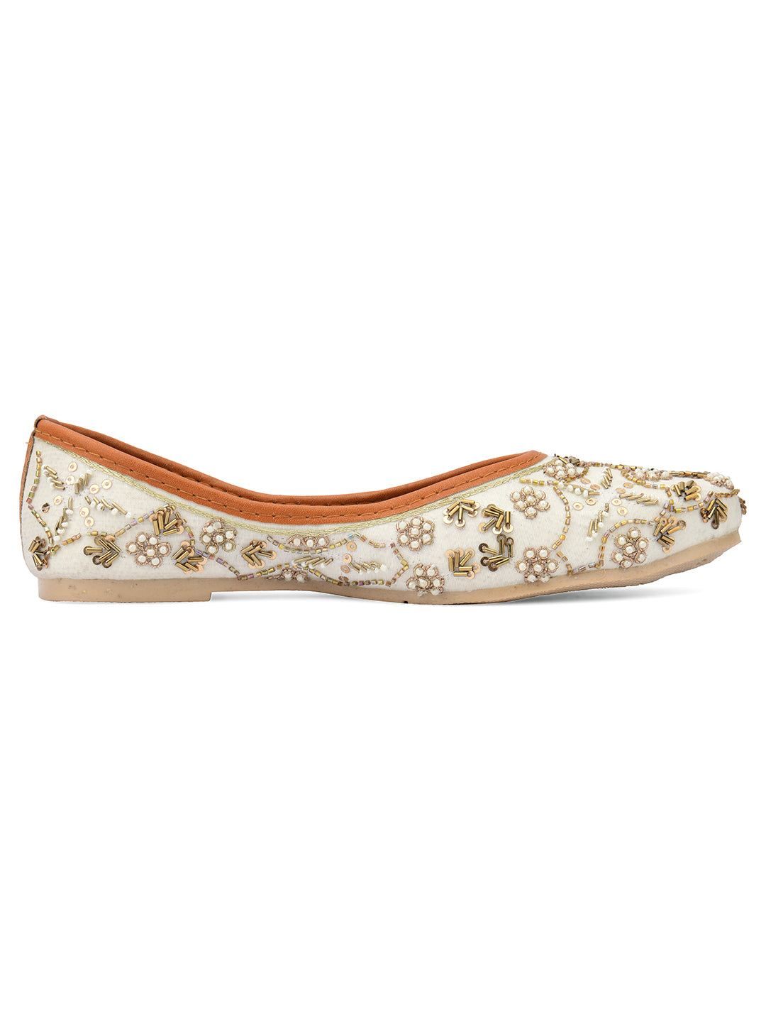 DESI COLOUR Women White  Gold-Toned Embellished Ethnic Mojaris