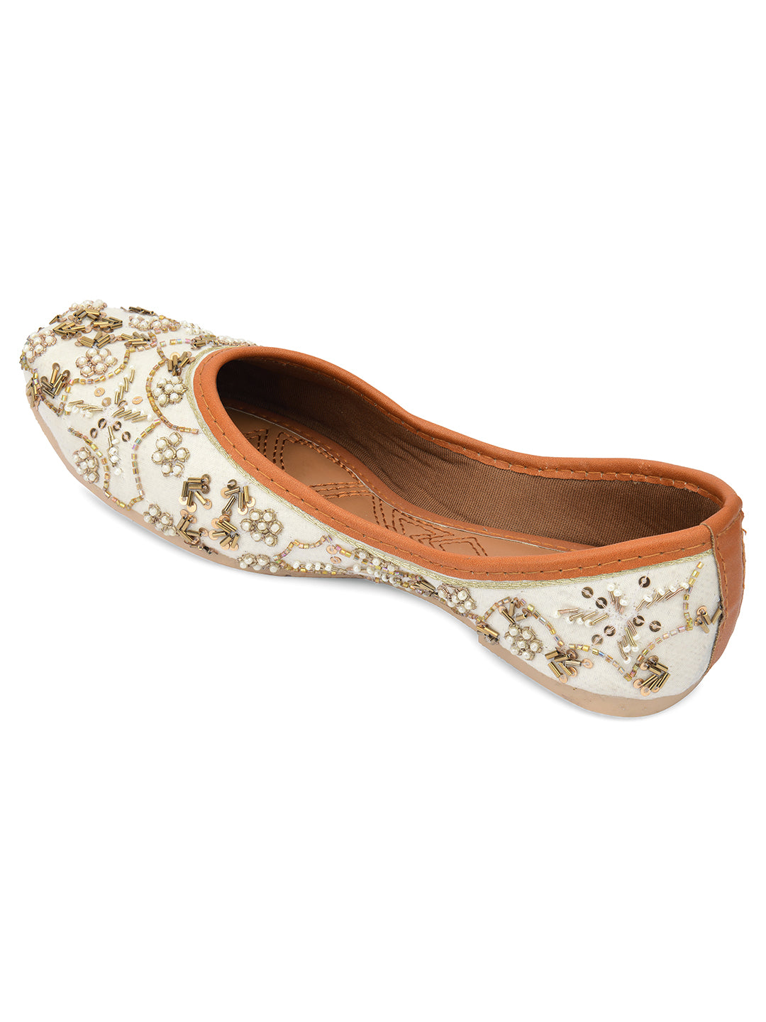 DESI COLOUR Women White  Gold-Toned Embellished Ethnic Mojaris